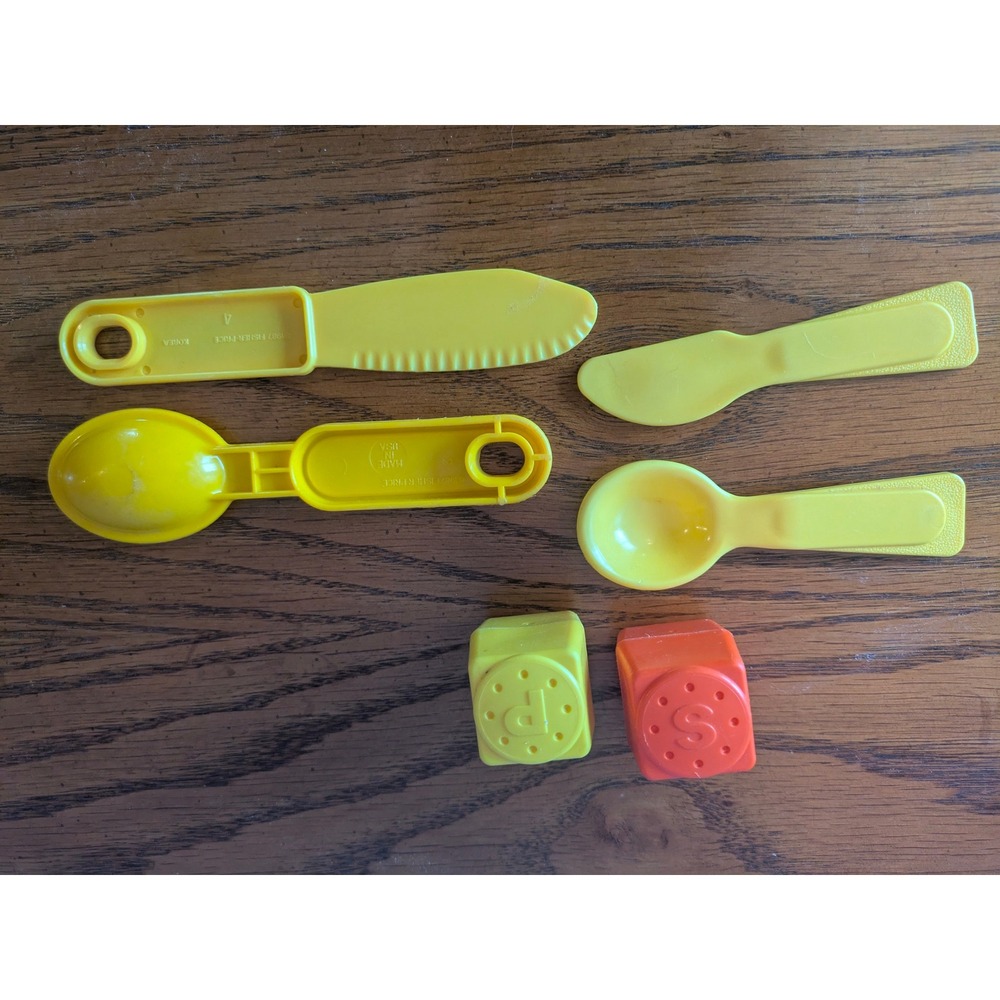 Vintage Fisher Price Play Kitchen Utensils Salt Pepper Shakers Yellow Orange 6pc